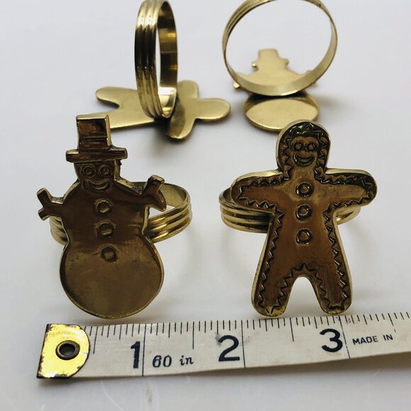 Vintage Napkin Ring Holders Brass Gold Tone Gingerbread Snowman Figures Set Of 4 - Picture 8 of 12